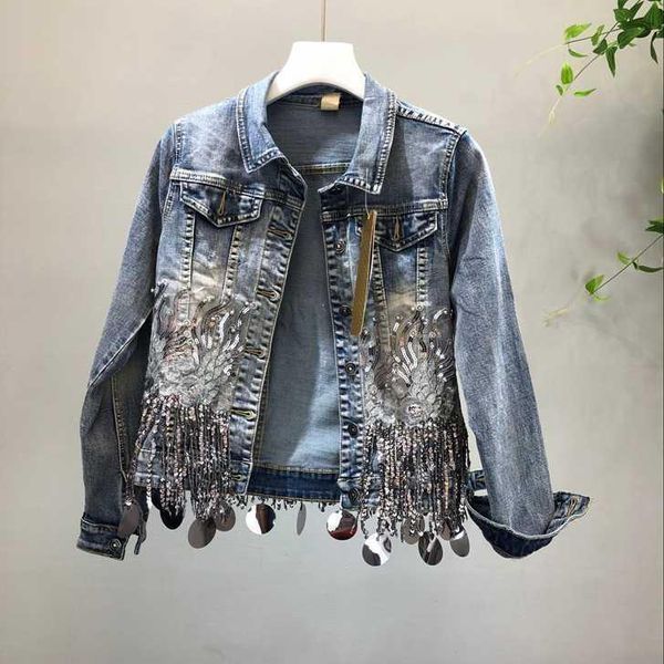 women's jackets autumn heavy industry nail bead tassel sequin washed hole short denim jacket fashion coat, Black;brown
women's jackets autumn heavy industry nail bead tassel sequin washed hole short denim jacket fashion coat, Black;brown