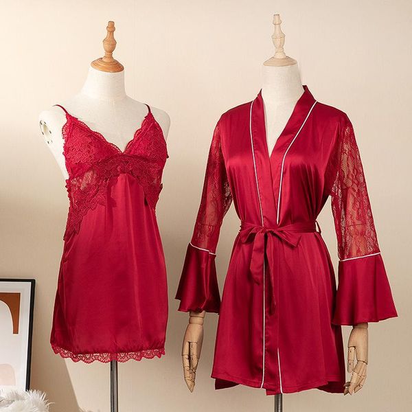 women's sleepwear nightgown 2pcs women robe set lace patchwork satin nightdress intimate lingerie perspective kimono bathrobe gown, Black;red
women's sleepwear nightgown 2pcs women robe set lace patchwork satin nightdress intimate lingerie perspective kimono bathrobe gown, Black;red
