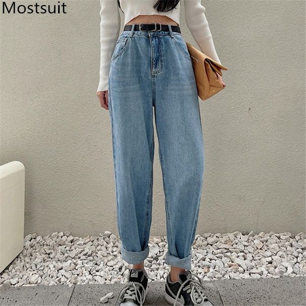 high waist blue denim harem jeans trousers women belted casual fashion vintage korean ladies pants 210514
high waist blue denim harem jeans trousers women belted casual fashion vintage korean ladies pants 210514