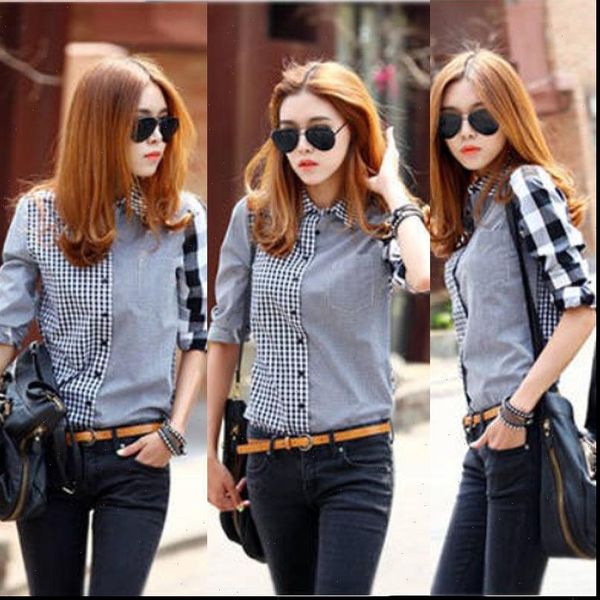 brand loose long sleeve women shirts casual plaid fashion turn down collar, White