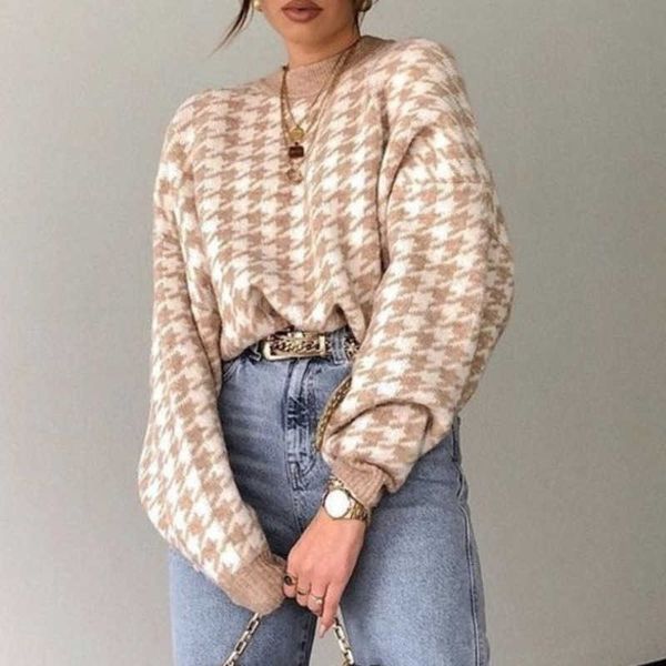 women's houndstooth knitted sweater autumn winter pullover female casual geometric lady women retro jumper 210805, White;black
women's houndstooth knitted sweater autumn winter pullover female casual geometric lady women retro jumper 210805, White;black
