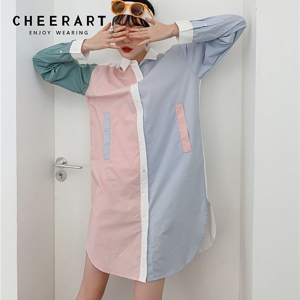 color block pink long sleeve shirt dress women patchwork button up collar mini korean fashion clothing 210427, Black;gray
color block pink long sleeve shirt dress women patchwork button up collar mini korean fashion clothing 210427, Black;gray