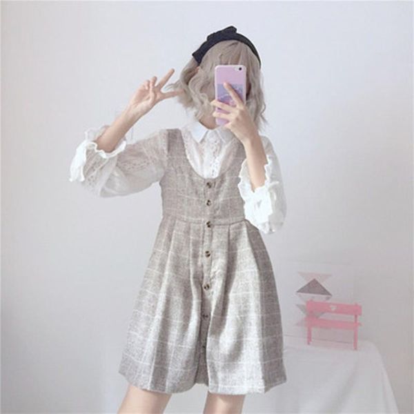 casual dresses japanese women kawaii 2 pieces set mori girl white lace blouse gray plaid woolen slim mini sundress cute preppy outfits rb37, Black;gray
casual dresses japanese women kawaii 2 pieces set mori girl white lace blouse gray plaid woolen slim mini sundress cute preppy outfits rb37, Black;gray