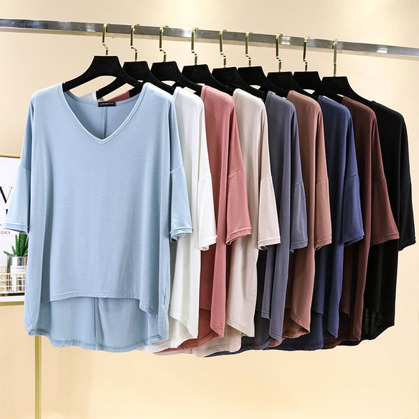 women's t shirt v neck loose medium sleeve summer large modal casual solid color with bottom coat, White
women's t shirt v neck loose medium sleeve summer large modal casual solid color with bottom coat, White