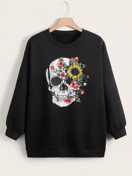 plus skull & floral print drop shoulder pullover 78wv#, Black
plus skull & floral print drop shoulder pullover 78wv#, Black