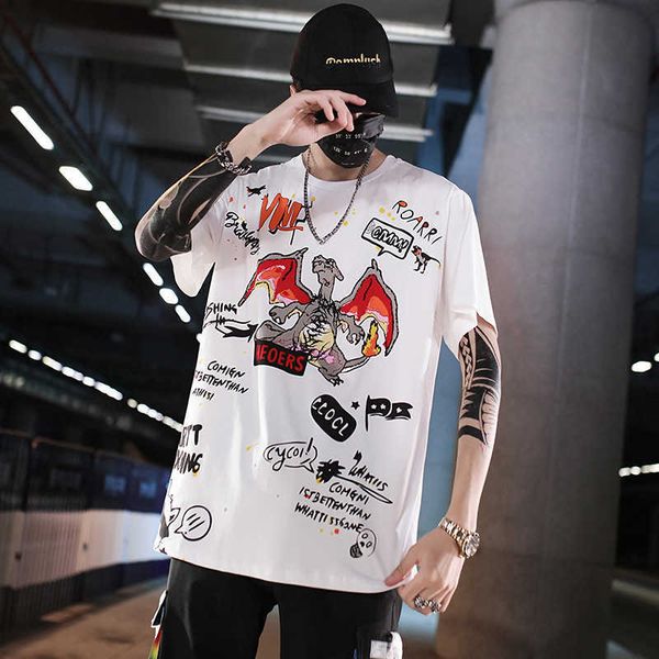 brand short fashion sleeve t-shirt men's summer 2021 loose bottomed shirt casual personalized printed top, White;black
brand short fashion sleeve t-shirt men's summer 2021 loose bottomed shirt casual personalized printed top, White;black