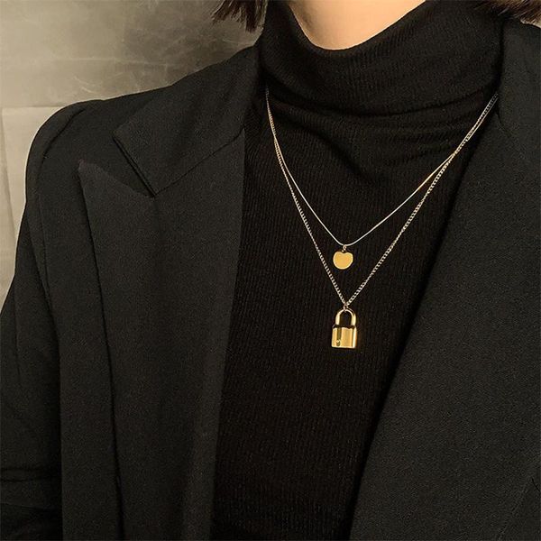 pendant necklaces meyrroyu stainless steel double layer gold color lock charms joker chain choker 2021 female fashion party jewelry, Silver
pendant necklaces meyrroyu stainless steel double layer gold color lock charms joker chain choker 2021 female fashion party jewelry, Silver