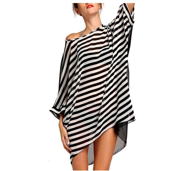 ms swimsuit summer loose chiffon black and white striped skirt swimsuit bikini beach jacket, White;black 
ms swimsuit summer loose chiffon black and white striped skirt swimsuit bikini beach jacket, White;black