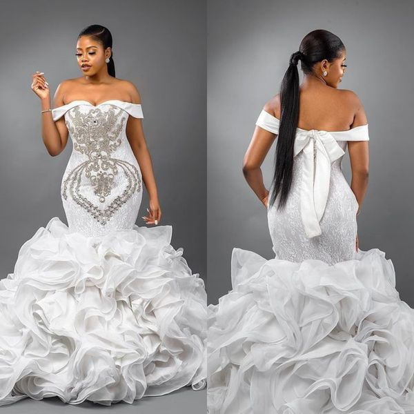 2022 mermaid wedding dresses tiered ruffles lace up off the shoulder bridal gowns crystal beading vestido de novia, White
2022 mermaid wedding dresses tiered ruffles lace up off the shoulder bridal gowns crystal beading vestido de novia, White