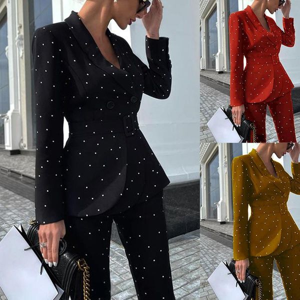 women's two piece pants two-piece blazer set autumn and winter 2021 temperament black wave point long sleeve suit coat, White
women's two piece pants two-piece blazer set autumn and winter 2021 temperament black wave point long sleeve suit coat, White