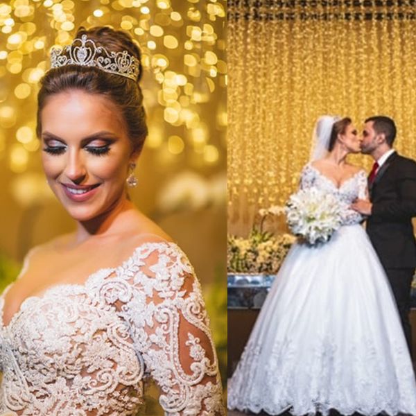 sheer crew neck lace appliques beaded vestios de novia bridal gowns with buttons new dubai elegant long sleeves a-line wedding dresses, White
sheer crew neck lace appliques beaded vestios de novia bridal gowns with buttons new dubai elegant long sleeves a-line wedding dresses, White
