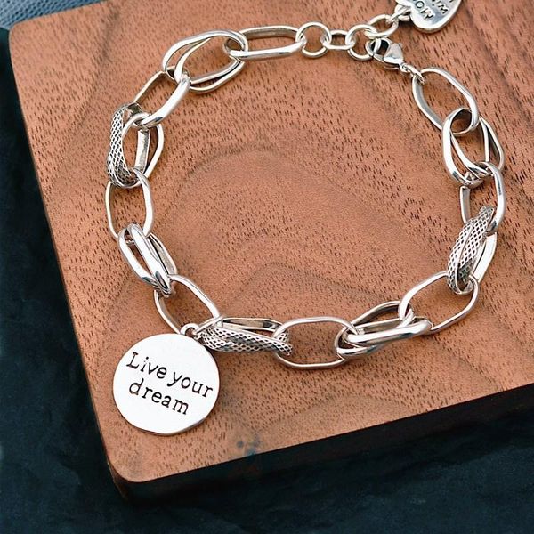 link, chain round piece love thai silver old bracelet retro thick jumpy punk trendy couple for women, Black
link, chain round piece love thai silver old bracelet retro thick jumpy punk trendy couple for women, Black