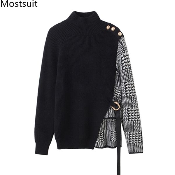 women houndstooth patchwork pullover sweater full sleeve half-turtleneck buttons korean fashion office sweaters 210513, White;black
women houndstooth patchwork pullover sweater full sleeve half-turtleneck buttons korean fashion office sweaters 210513, White;black