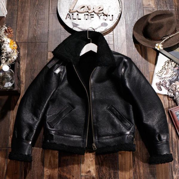 men's leather & faux b3 fur lover~simple coat, Black