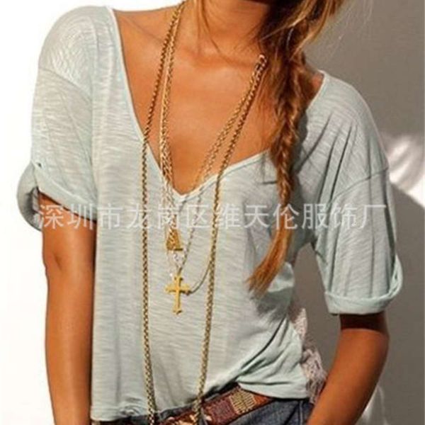 women's t-shirt deep v-neck knitted u6ow, White 
women's t-shirt deep v-neck knitted u6ow, White