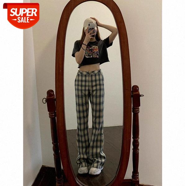 korean retro plaid flared pants women loose high-waisted wide-leg trousers #yx7c, Black;gray