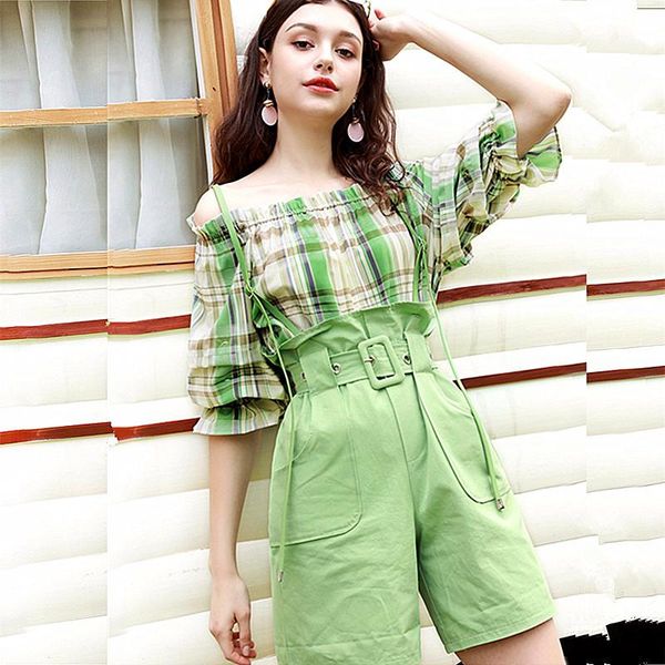 pcs clothing set women summer slash neck plaid green crop blouses and overall jumsuits pants suit with belt ns103 women's two piece, White
pcs clothing set women summer slash neck plaid green crop blouses and overall jumsuits pants suit with belt ns103 women's two piece, White