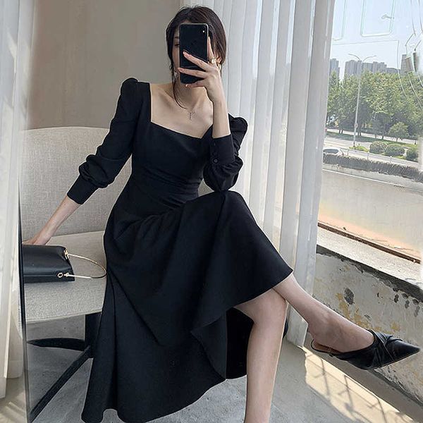 square neck french hepburn autumn women's 2021 with thin waist and long sleeve small black drs, Black;gray
square neck french hepburn autumn women's 2021 with thin waist and long sleeve small black drs, Black;gray
