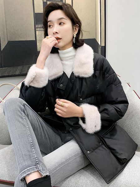 women's leather & faux 2021 winter female mink collar fur haining coat medium long loose sheep down jacket, Black
women's leather & faux 2021 winter female mink collar fur haining coat medium long loose sheep down jacket, Black