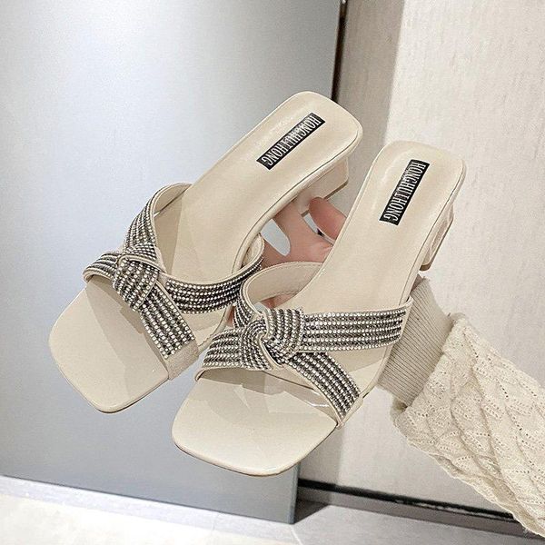 slippers women summer peep toe shoes glitter slides pantofle square heel low rubber flip flops jelly soft 2021 block hawaiian fa, Black