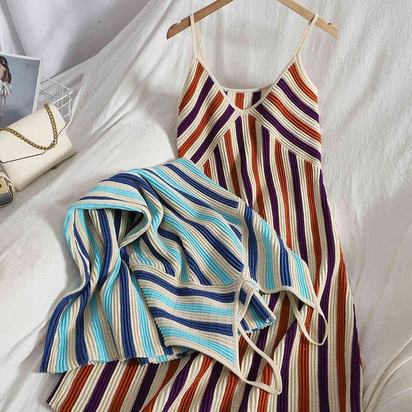 fashion casual color matching striped suspender dress womens spring summer korean base knitted long dress women vestido 210420, Black;gray
fashion casual color matching striped suspender dress womens spring summer korean base knitted long dress women vestido 210420, Black;gray