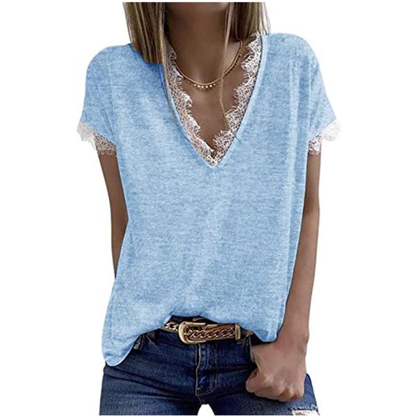 women's t-shirt women short-sleeved with lace decorative stitching v-neck solid color summer casual loose, White
women's t-shirt women short-sleeved with lace decorative stitching v-neck solid color summer casual loose, White