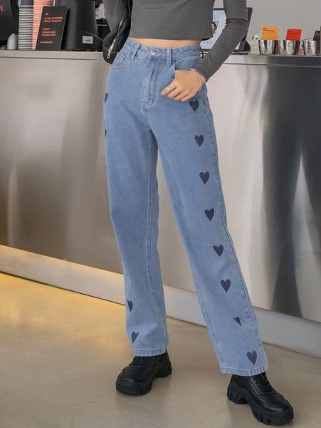 dazy heart print straight leg jeans s6l5#, Blue 
dazy heart print straight leg jeans s6l5#, Blue