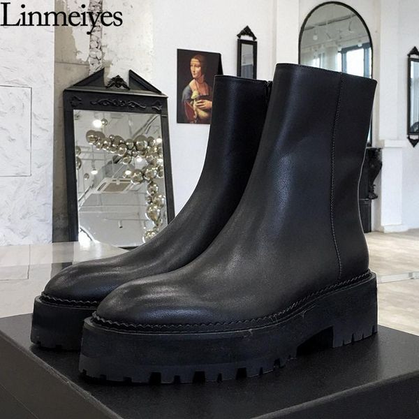 boots thick sole mid calf women genuine cow leather black flat platform shoes autumn winter runway short female botas
boots thick sole mid calf women genuine cow leather black flat platform shoes autumn winter runway short female botas