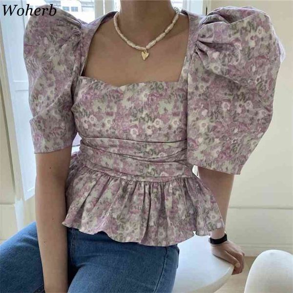 summer floral pprint crop blusas korean square collar slim blouse women vintage puff sleeve pleated shirt chemise femme 210519, White 
summer floral pprint crop blusas korean square collar slim blouse women vintage puff sleeve pleated shirt chemise femme 210519, White