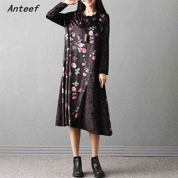 long sleeve plus size velvet vintage floral dresses for women casual loose autumn winter dress elegant clothes ladies 210517, Black;gray
long sleeve plus size velvet vintage floral dresses for women casual loose autumn winter dress elegant clothes ladies 210517, Black;gray