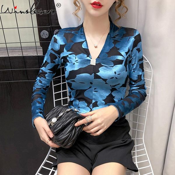 women's t-shirt spring fall european clothes women chic v-neck transparent print flower bottoming shirt girl tees t0n412a, White 
women's t-shirt spring fall european clothes women chic v-neck transparent print flower bottoming shirt girl tees t0n412a, White