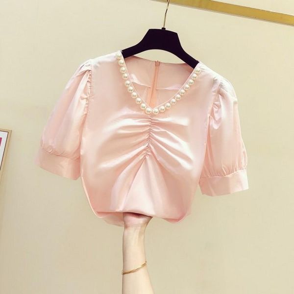 women's blouses & shirts female blouse 2021 summer bubble sleeve pearl v-neck sweet pink shirt girls lady elegants woman femme, White
women's blouses & shirts female blouse 2021 summer bubble sleeve pearl v-neck sweet pink shirt girls lady elegants woman femme, White