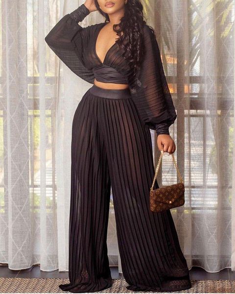 women's two piece pants 2021 summer long sleeve black v neck crop loose pleated 2 set women elegant fashion wide leg pant sets, White
women's two piece pants 2021 summer long sleeve black v neck crop loose pleated 2 set women elegant fashion wide leg pant sets, White