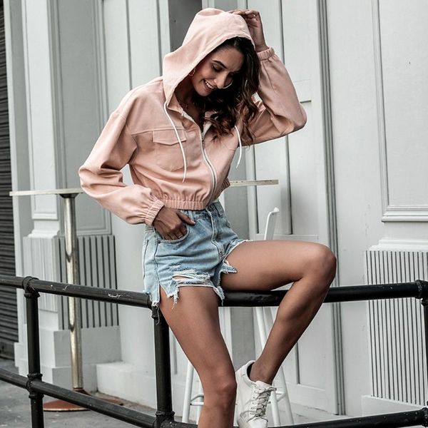 women autumn long sleeve full zip up cropped jacket drawstring hoodie solid color slim casual outwear coat with pockets women's jackets, Black;brown
women autumn long sleeve full zip up cropped jacket drawstring hoodie solid color slim casual outwear coat with pockets women's jackets, Black;brown