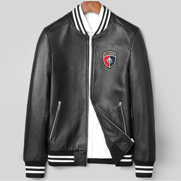 short baseball autumn collar sheepskin leather men's genuine coat motorcycle jacket & faux, Black
short baseball autumn collar sheepskin leather men's genuine coat motorcycle jacket & faux, Black