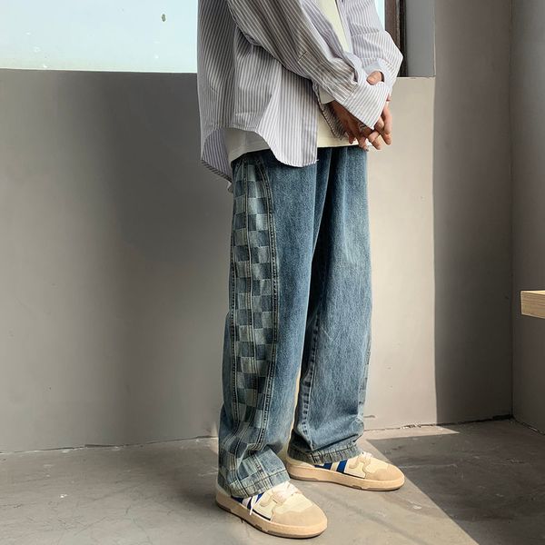 men's jeans plaid printing straight washed loose wide-leg pants fashion casual denim hiphop streetwear trousers cknr, Blue
men's jeans plaid printing straight washed loose wide-leg pants fashion casual denim hiphop streetwear trousers cknr, Blue