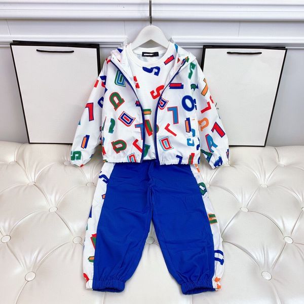 high end autumn children's suit letter print pullover sweater pants windproof jacket three piece set, White
high end autumn children's suit letter print pullover sweater pants windproof jacket three piece set, White