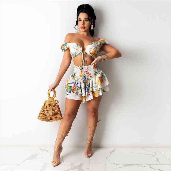 summer floral print 2 piece set womens clothing off shoulder beachwear crop pleated ruffles mini skirt chiffon outfit, Gray