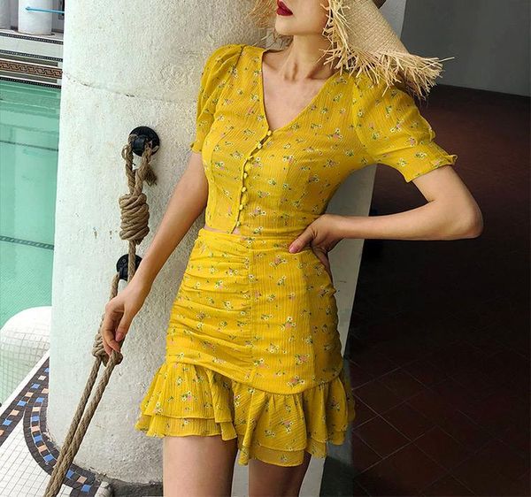 two piece dress ladies printed short sleeve v neck with button closure - women mini ruffle skirt creased effect yellow silk 2 pc sets, White
two piece dress ladies printed short sleeve v neck with button closure - women mini ruffle skirt creased effect yellow silk 2 pc sets, White