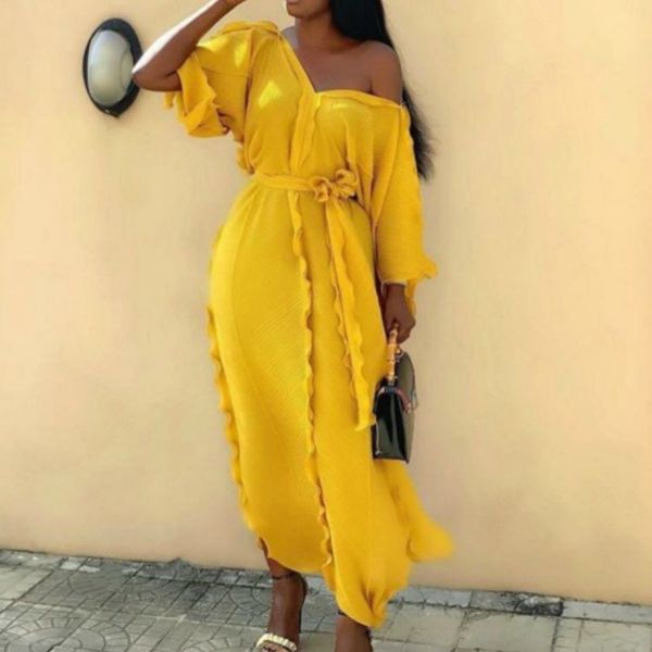 women dress loose pleated ruffles with wasit belt v neck long african ladies large size fashion summer spring yellow green blue 210416, Black;gray
women dress loose pleated ruffles with wasit belt v neck long african ladies large size fashion summer spring yellow green blue 210416, Black;gray