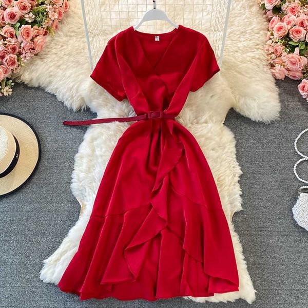 red/purple/green irregular women dress summer vintage v-neck short sleeve ruffle robe elegant high waist vestidos casual 2021 y0603, Black;gray
red/purple/green irregular women dress summer vintage v-neck short sleeve ruffle robe elegant high waist vestidos casual 2021 y0603, Black;gray