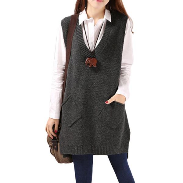 women's sweaters autumn loose v-neck pockets thin knitted vest coat women casual sleeveless long sweater jumper, White;black
women's sweaters autumn loose v-neck pockets thin knitted vest coat women casual sleeveless long sweater jumper, White;black