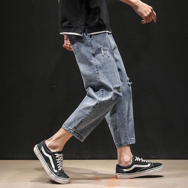 men's jeans summer ripped oversized loose small foot 9-point korean trend 7-point pants, Blue
men's jeans summer ripped oversized loose small foot 9-point korean trend 7-point pants, Blue