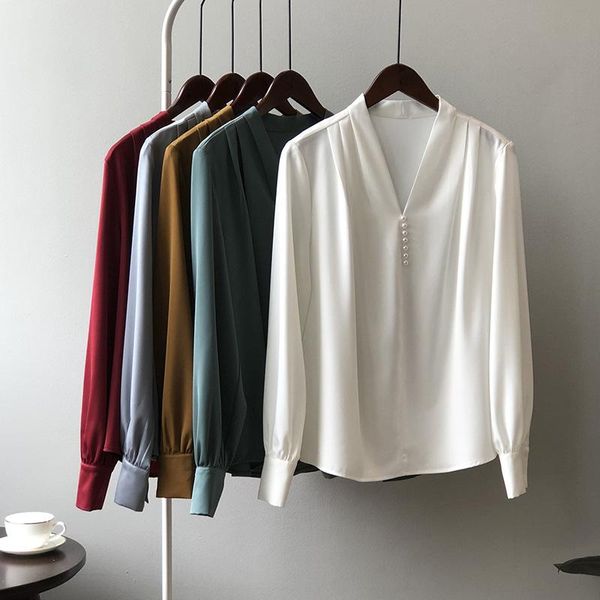 women's blouses & shirts 2021 autumn satin solid elegant beading blouse women v neck casual office shirt female long sleeve korean lady, White
women's blouses & shirts 2021 autumn satin solid elegant beading blouse women v neck casual office shirt female long sleeve korean lady, White