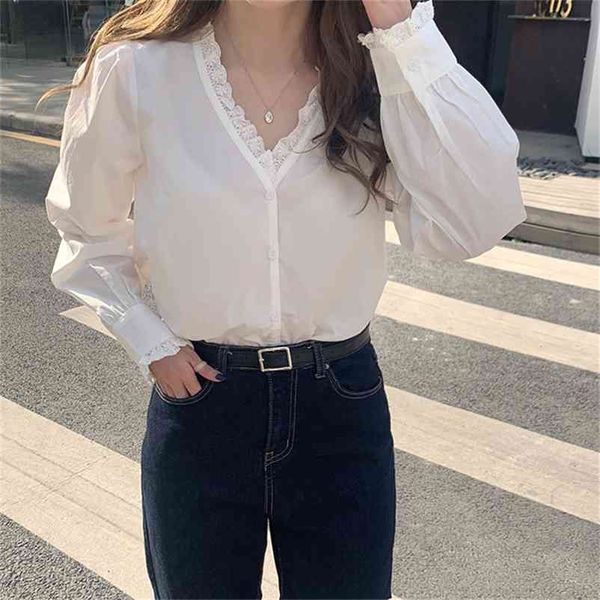 female stylish plus ruffles blouses white lace ol sweet v-neck slim streetwear shirts 210427
female stylish plus ruffles blouses white lace ol sweet v-neck slim streetwear shirts 210427