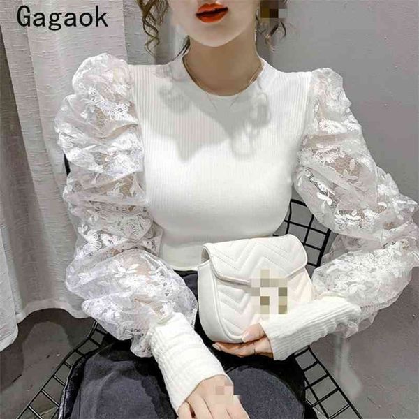 women high street knitted sweater spring autumn o-neck puff sleeve lace patchwork slim chic wild sweaters 210531, White;black
women high street knitted sweater spring autumn o-neck puff sleeve lace patchwork slim chic wild sweaters 210531, White;black