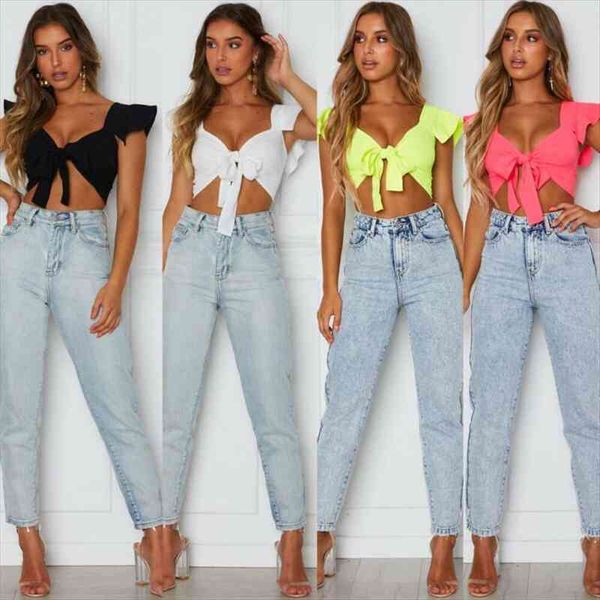 fashion wmen trumpet sleeves womens cami short-sleeved ruffles shirt crop short paragraph belly navel v-neck front knot tie beach, White
fashion wmen trumpet sleeves womens cami short-sleeved ruffles shirt crop short paragraph belly navel v-neck front knot tie beach, White