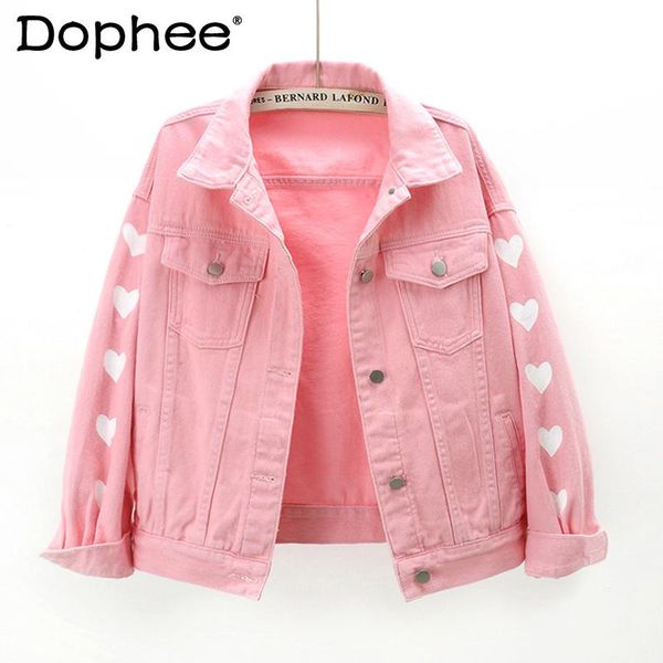 women's jackets 2021 spring and autumn love patterned pink denim jacket short loose korean style boyfriend jean student coats, Black;brown
women's jackets 2021 spring and autumn love patterned pink denim jacket short loose korean style boyfriend jean student coats, Black;brown