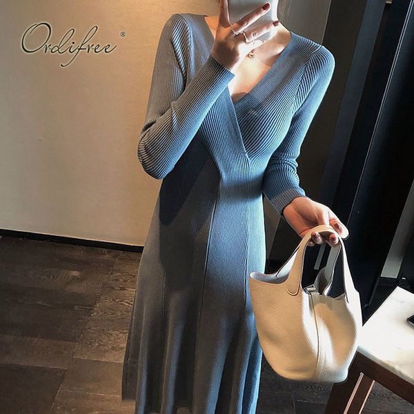 autumn women knitted long sleeve slim basic warm sweater dress 210415, Black;gray