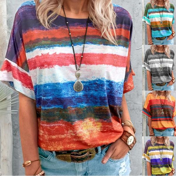 summer casual rainbow gradient short sleeve loose pullovers women elegant round neck vintage stripe print streetwear women's t-shirt, White
summer casual rainbow gradient short sleeve loose pullovers women elegant round neck vintage stripe print streetwear women's t-shirt, White